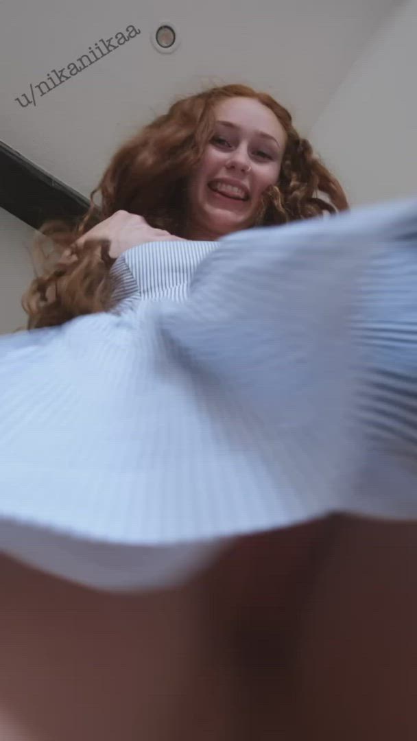 Attractive Dress Innies twat redhead Smile Tease teenie Upskirt Porn GIF