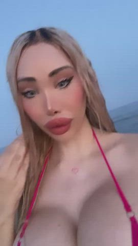 Beach gigantic titties Bikini yellow-haired Body Fake tits huge melons MILF Micro Bikini Porn GIF